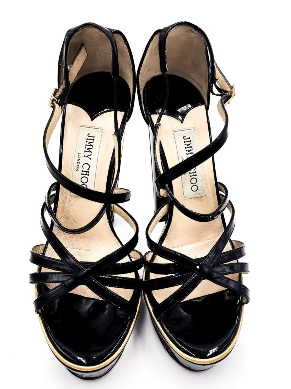 JIMMY CHOO Black Patent Leather Strap Lucite Platform Block Heel Sandals EU 37